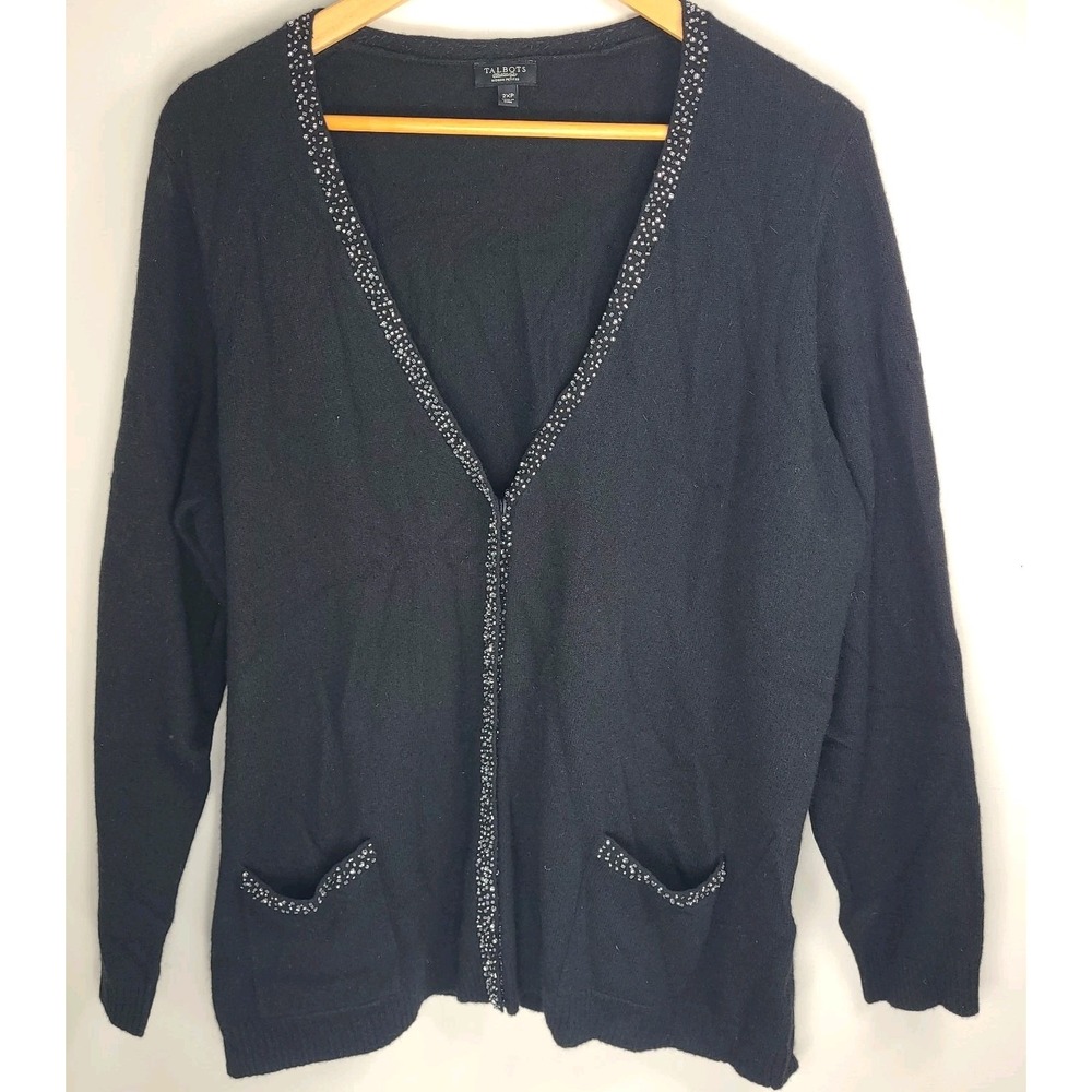 Talbots Womens 2XP Cardigan Black Lambswool Angora Blend – Beaded Detail Sweater